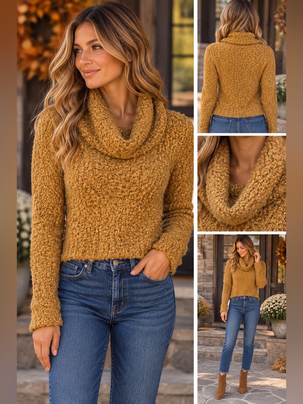 Abercrombie & Fitch XS Mustard Bouclé Cowl Neck Sweater Cozy Textured Knit